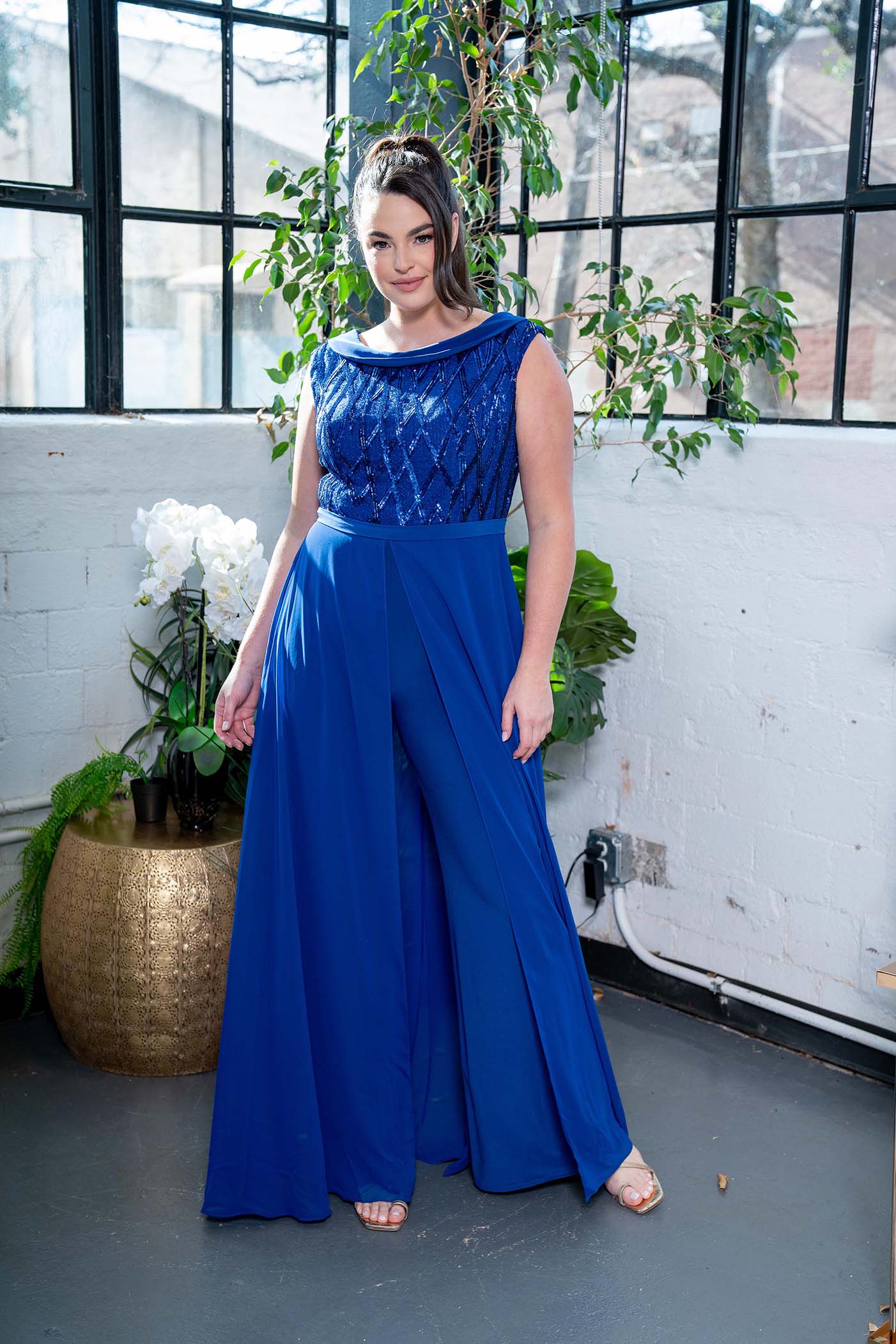 Embellished Boatneck Overlay Jumpsuit Royal blue