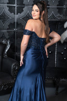 Embellished Off-Shoulder Satin Gown Navy blue