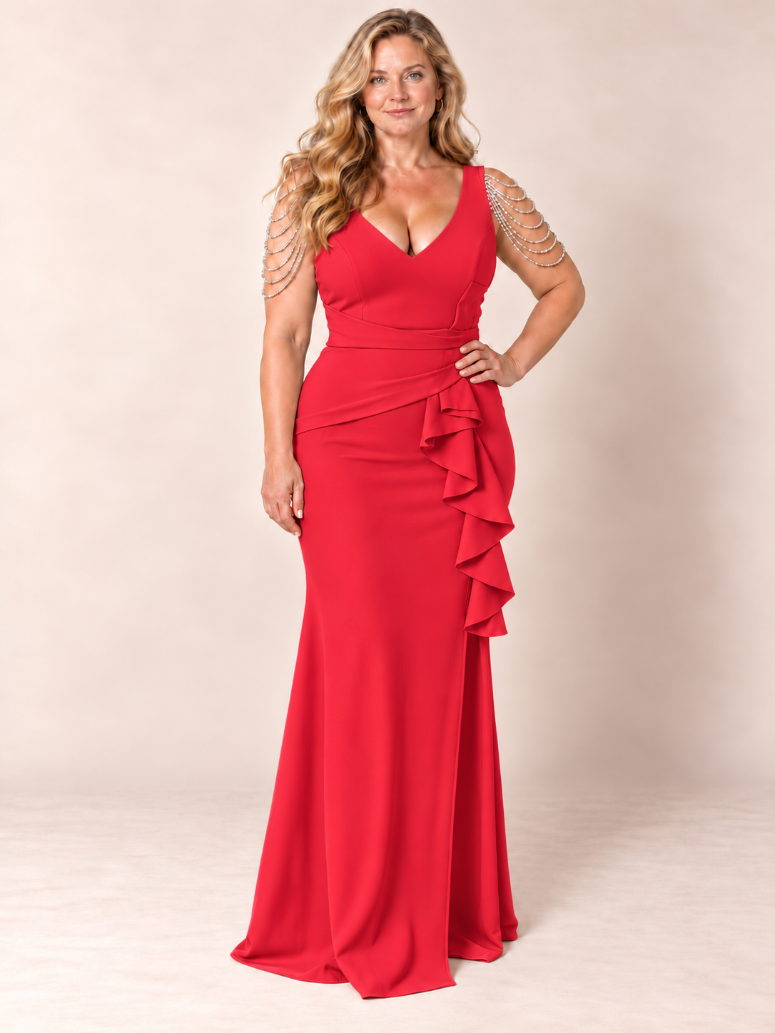 Embellished Shoulder Draped Gown red