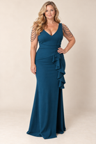 Embellished Shoulder Draped Gown petrol blue