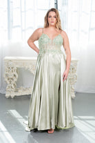Embroidered Bodice Satin-Finish Slit Gown pistachio