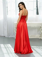 Embroidered Bodice Satin Finish Slit Gown red
