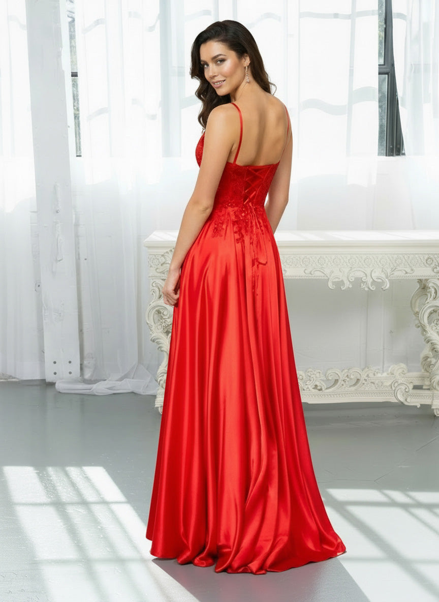 Embroidered Bodice Satin Finish Slit Gown red