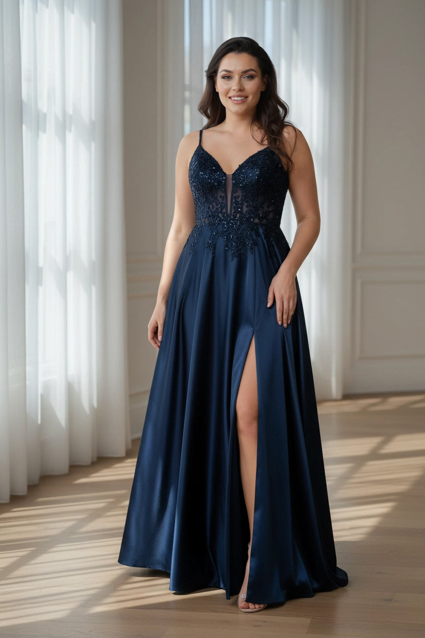 Embroidered Bodice Satin-Finish Slit Gown navy blue