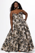 Floral Brocade Corset Gown Black & Gold Brocade A-line Gown back view