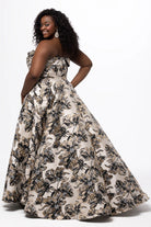 Floral Brocade Corset Gown Black & Gold Brocade A-line Gown back view