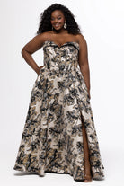 Floral Brocade Corset Gown Black & Gold Brocade A-line Gown back view