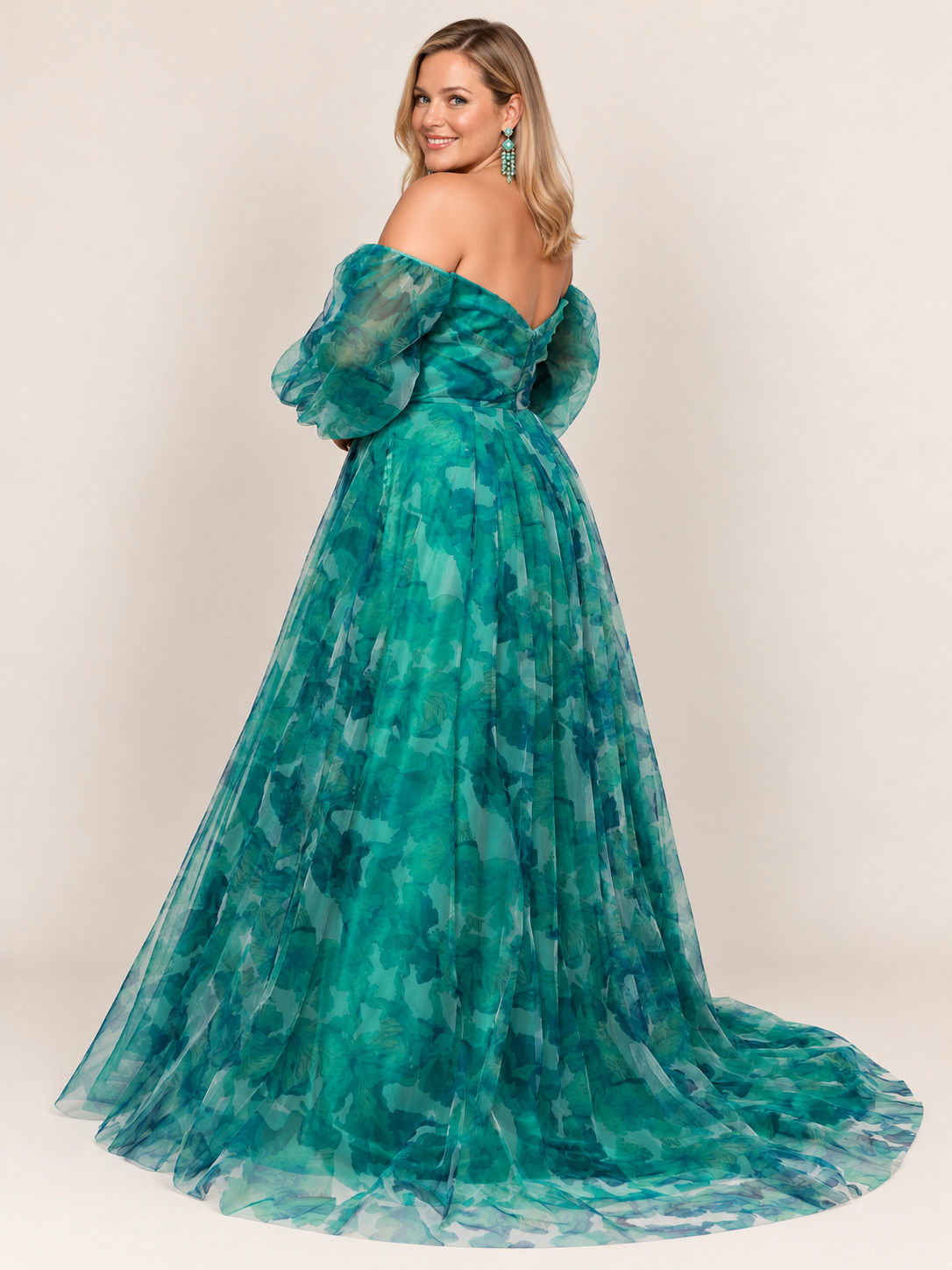 Floral Tulle Plus Size Maxi Dress ‏Emerald   green 