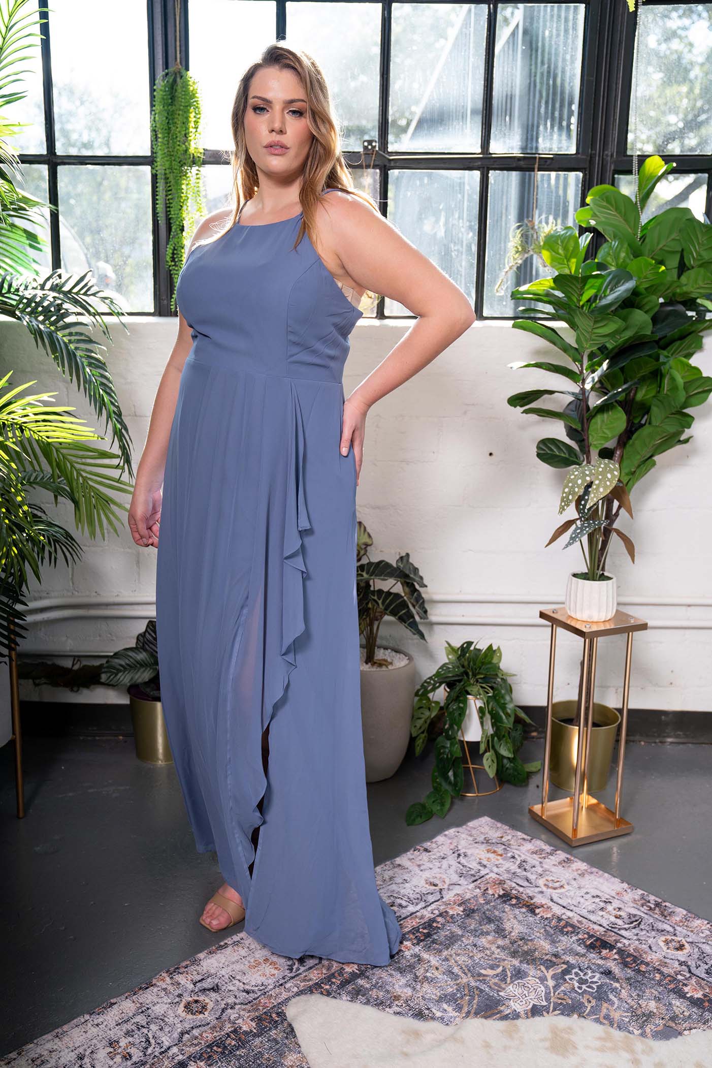 Halter Neck Chiffon Side-Drape Gown