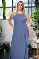 Halter Neck Chiffon Side-Drape Gown
