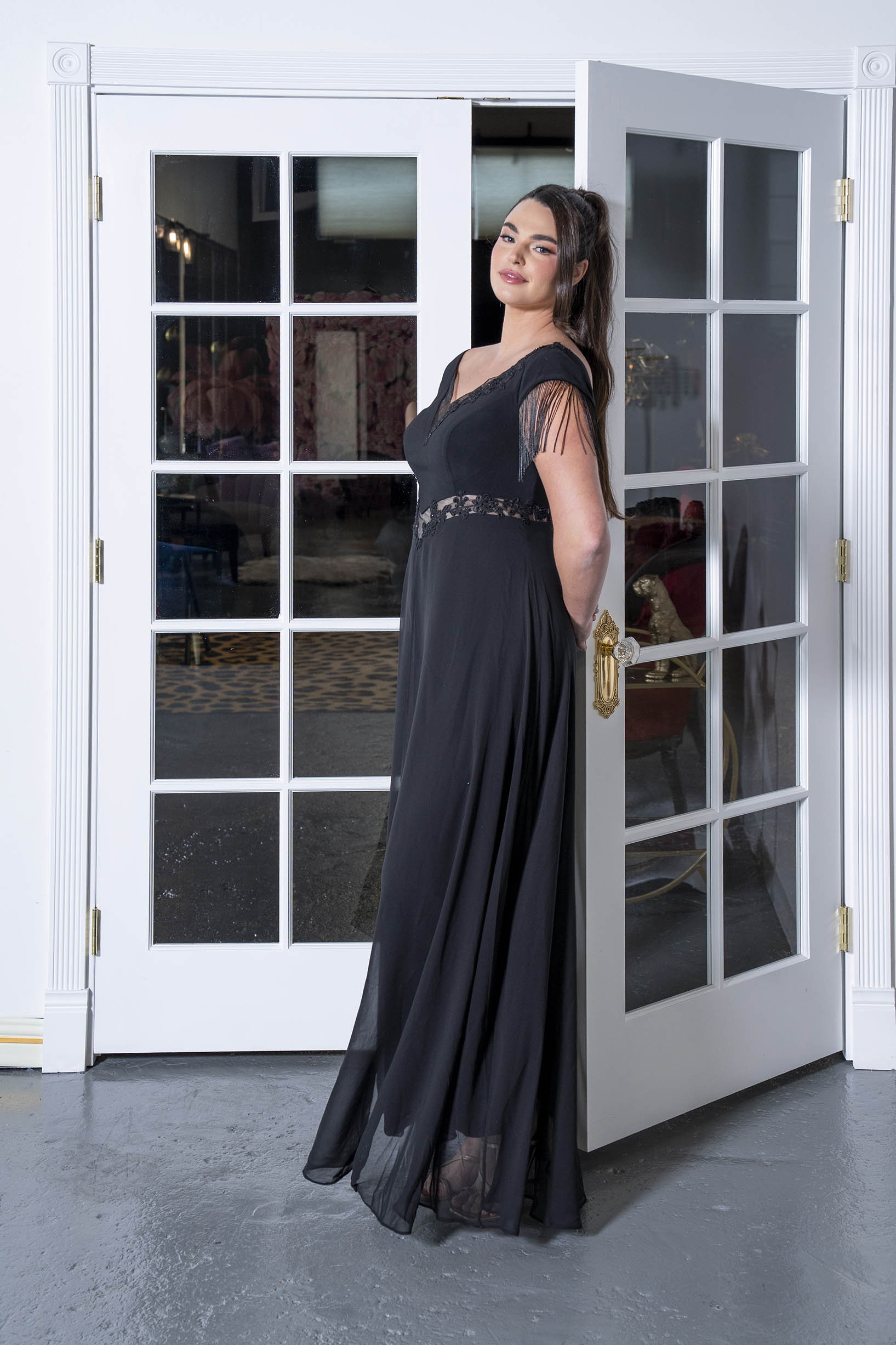 Lace-Inset Cape Jumpsuit with Fringe Sleeves Black