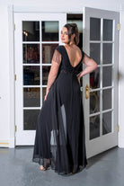 Lace-Inset Cape Jumpsuit with Fringe Sleeves Black