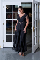 Lace-Inset Cape Jumpsuit with Fringe Sleeves Black