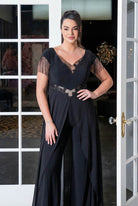 Lace-Inset Cape Jumpsuit with Fringe Sleeves Black
