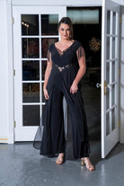 Lace-Inset Cape Jumpsuit with Fringe Sleeves Black