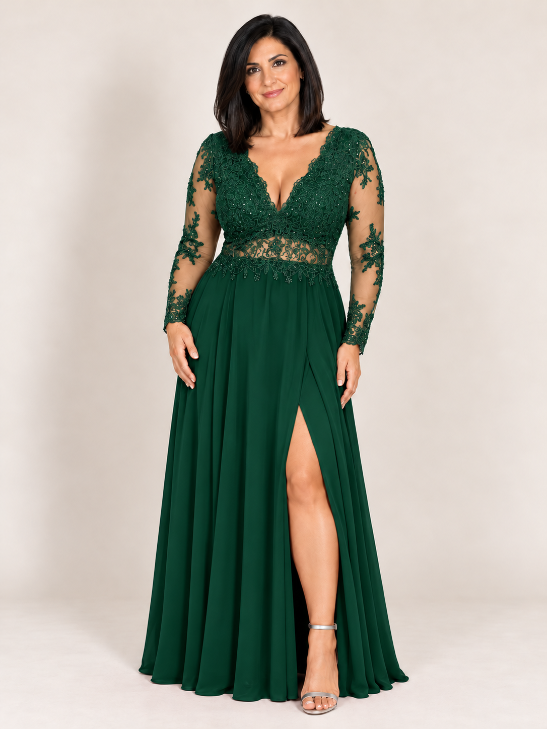 Lace Bodice Chiffon Slit Gown hunter green