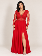 Lace Bodice Chiffon Slit Gown red