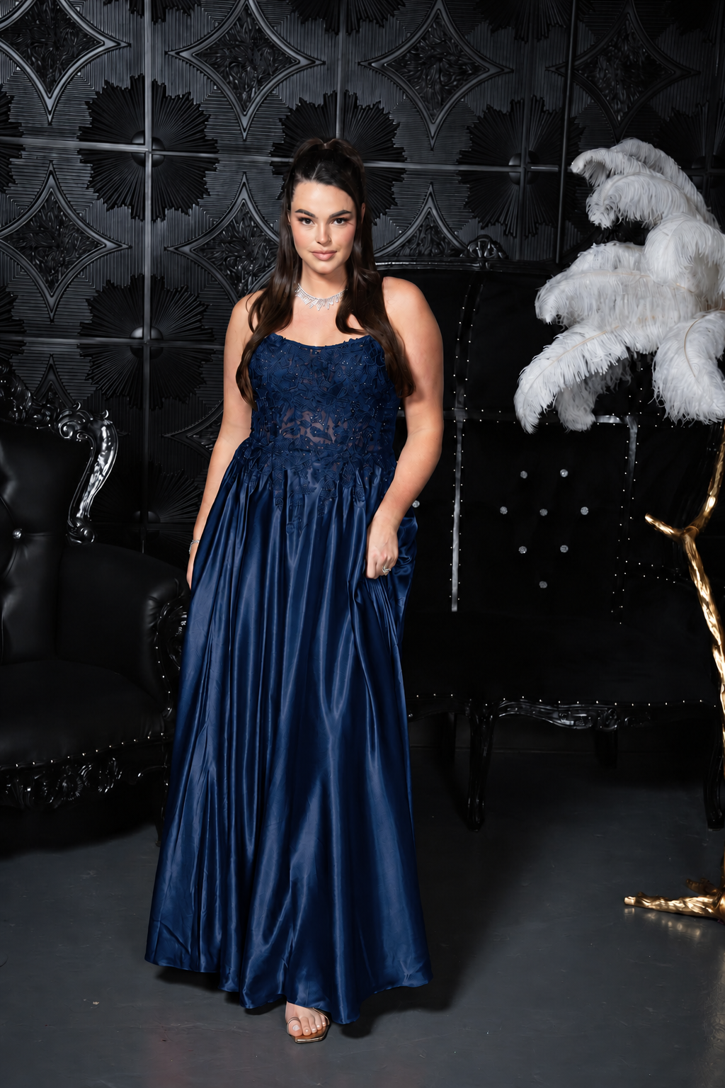 Lace_Bodice_Satin_Ballgown navy blue
