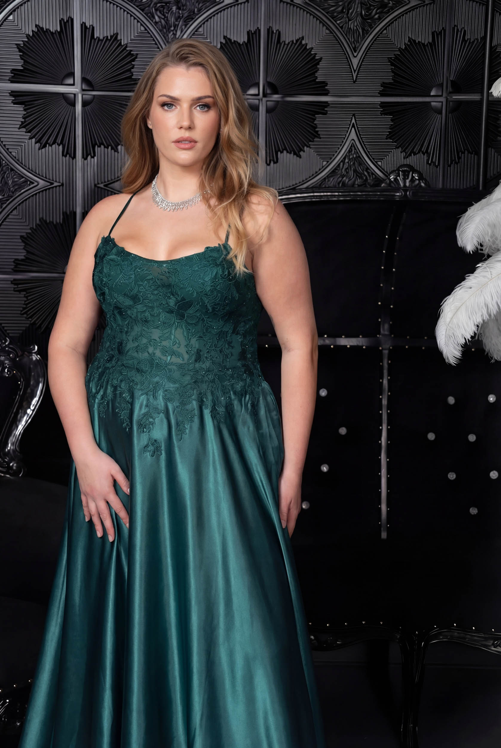 Lace Bodice Satin Ballgown Hunter green