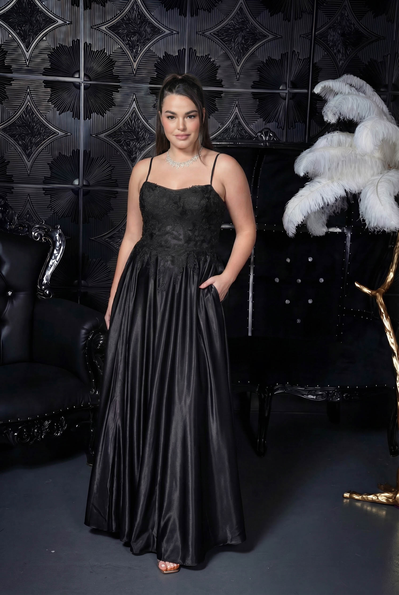 Lace Bodice Satin Ballgown Black