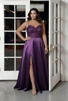 Lace Bodice Satin Slit Gown plum