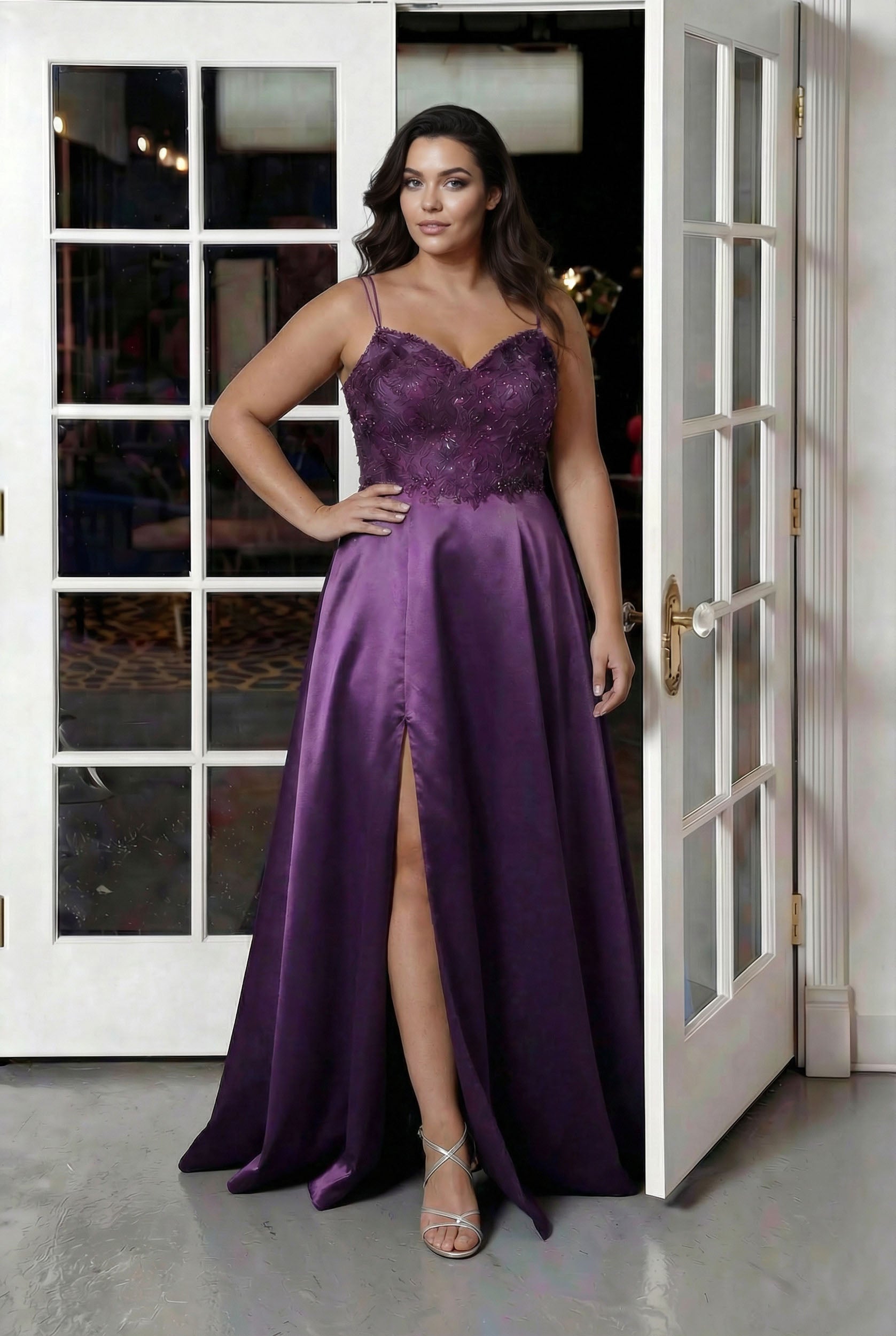 Lace Bodice Satin Slit Gown plum