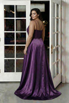 Lace Bodice Satin Slit Gown plum