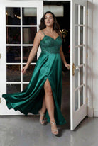 Lace Bodice Satin Slit Gown teal
