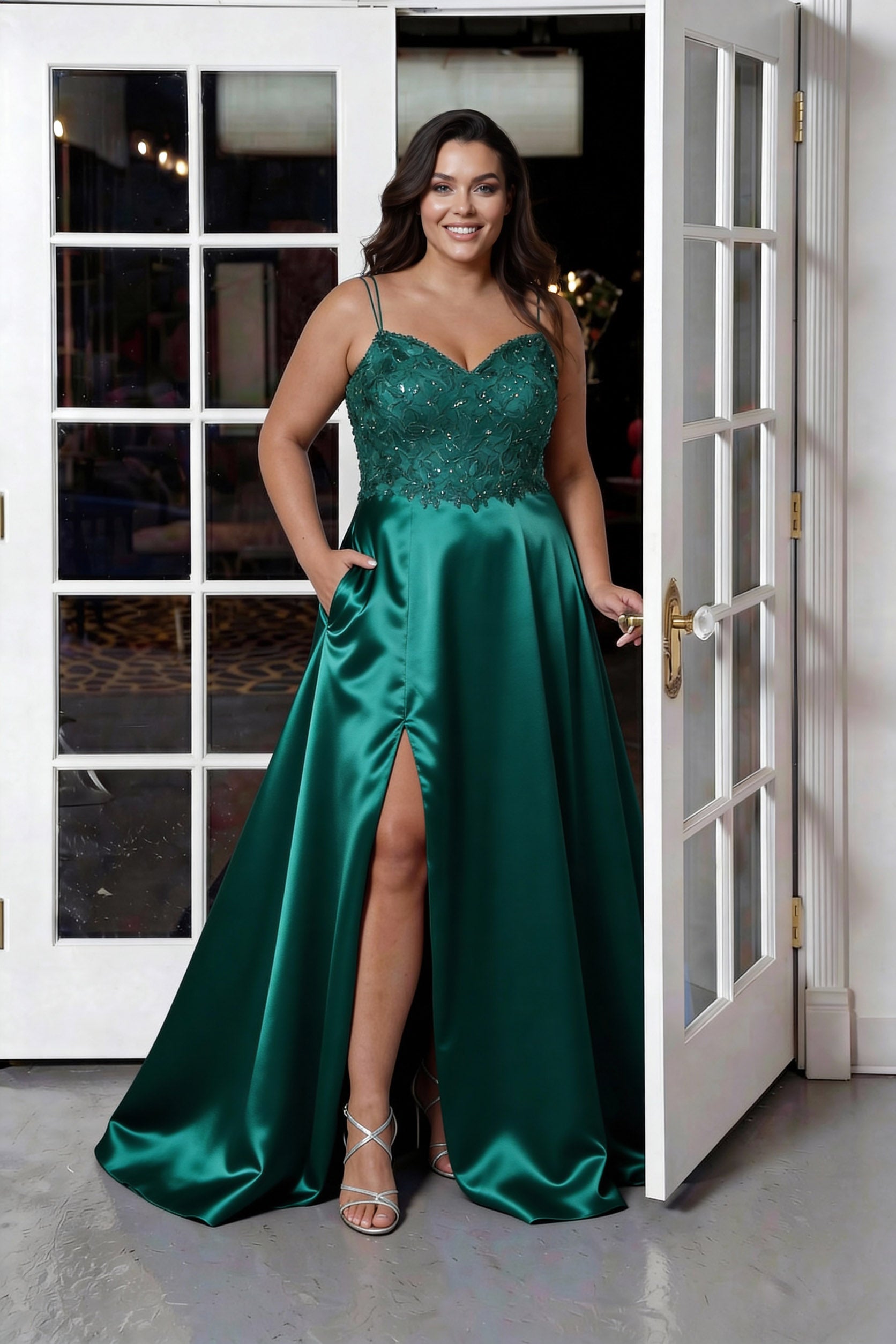 Lace Bodice Satin Slit Gown teal