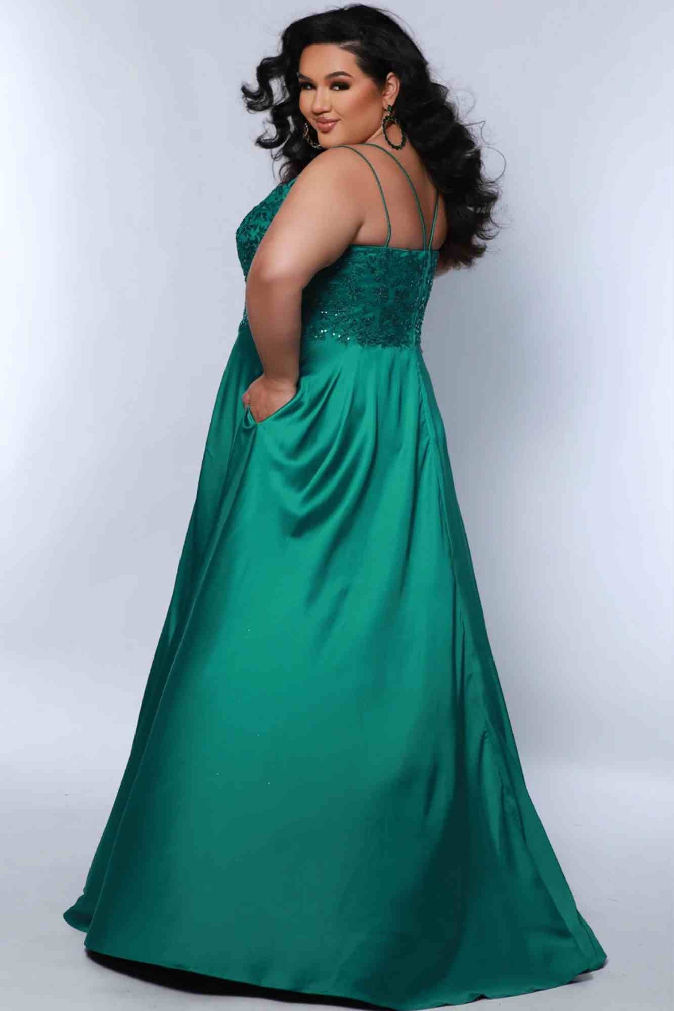 Lace Bodice Satin Slit Gown teal