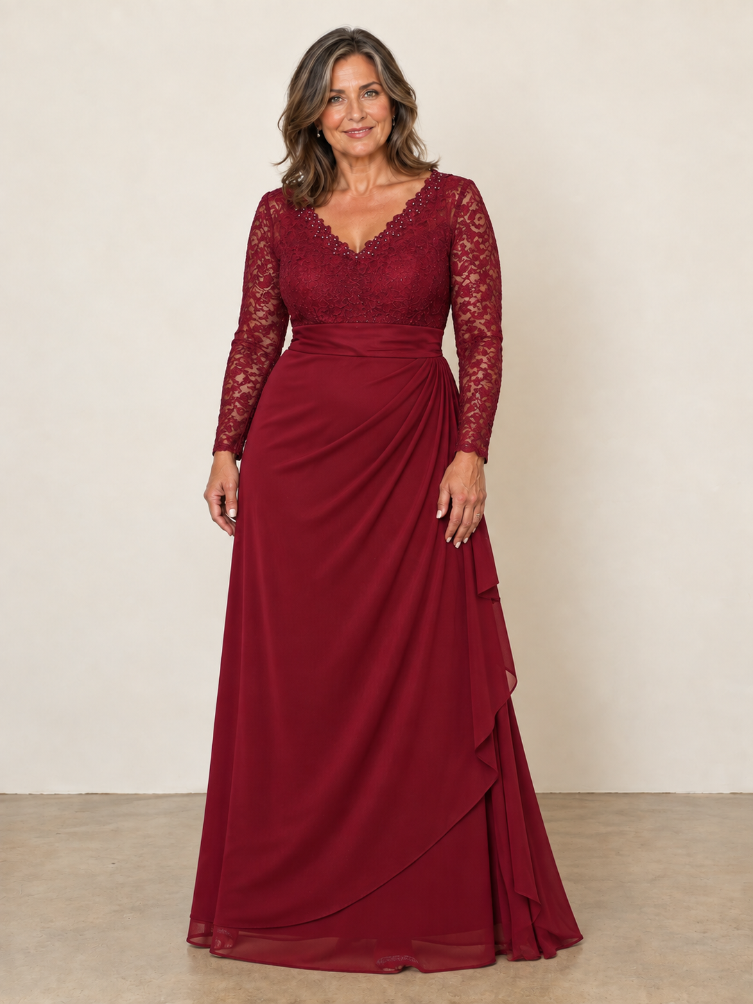 Long Sleeve Lace And Chiffon Jersey Gown BURDUNDY