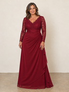 Long Sleeve Lace And Chiffon Jersey Gown BURDUNDY
