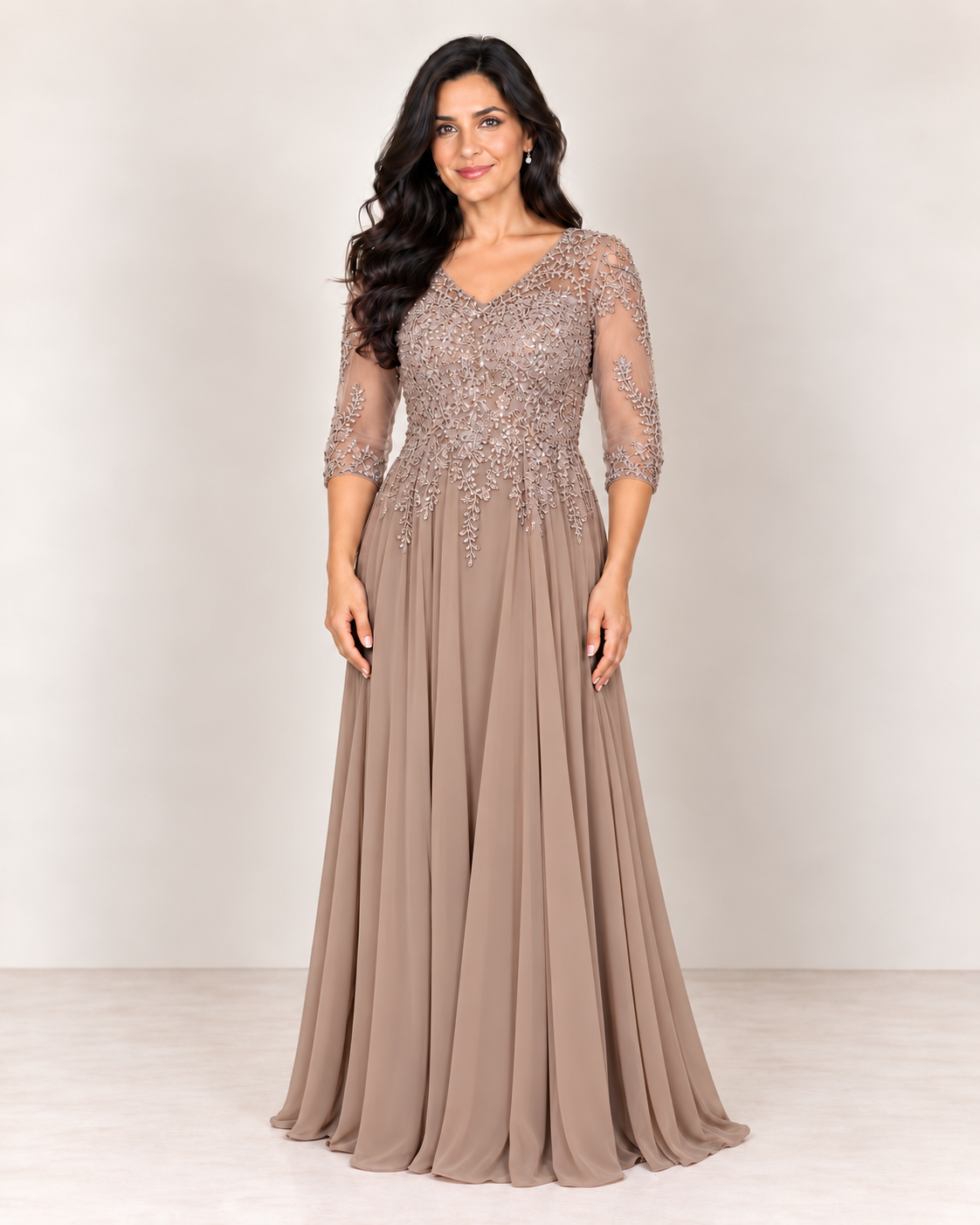 MOB METALLIC BEADED BODICE CHIFFON SKIRT mocha