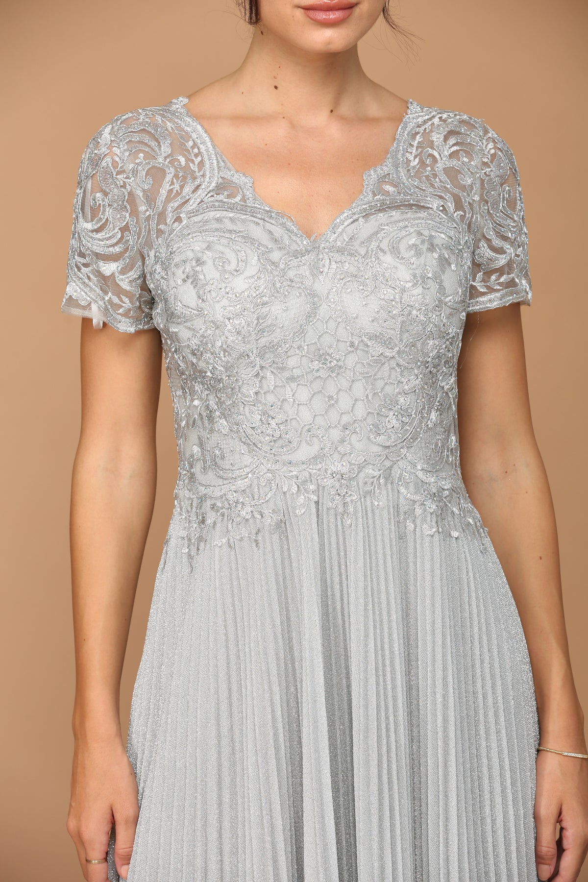 MOB METALLIC EMBROIDERED GOWN WITH PLEATED SKIRT SILVER 2