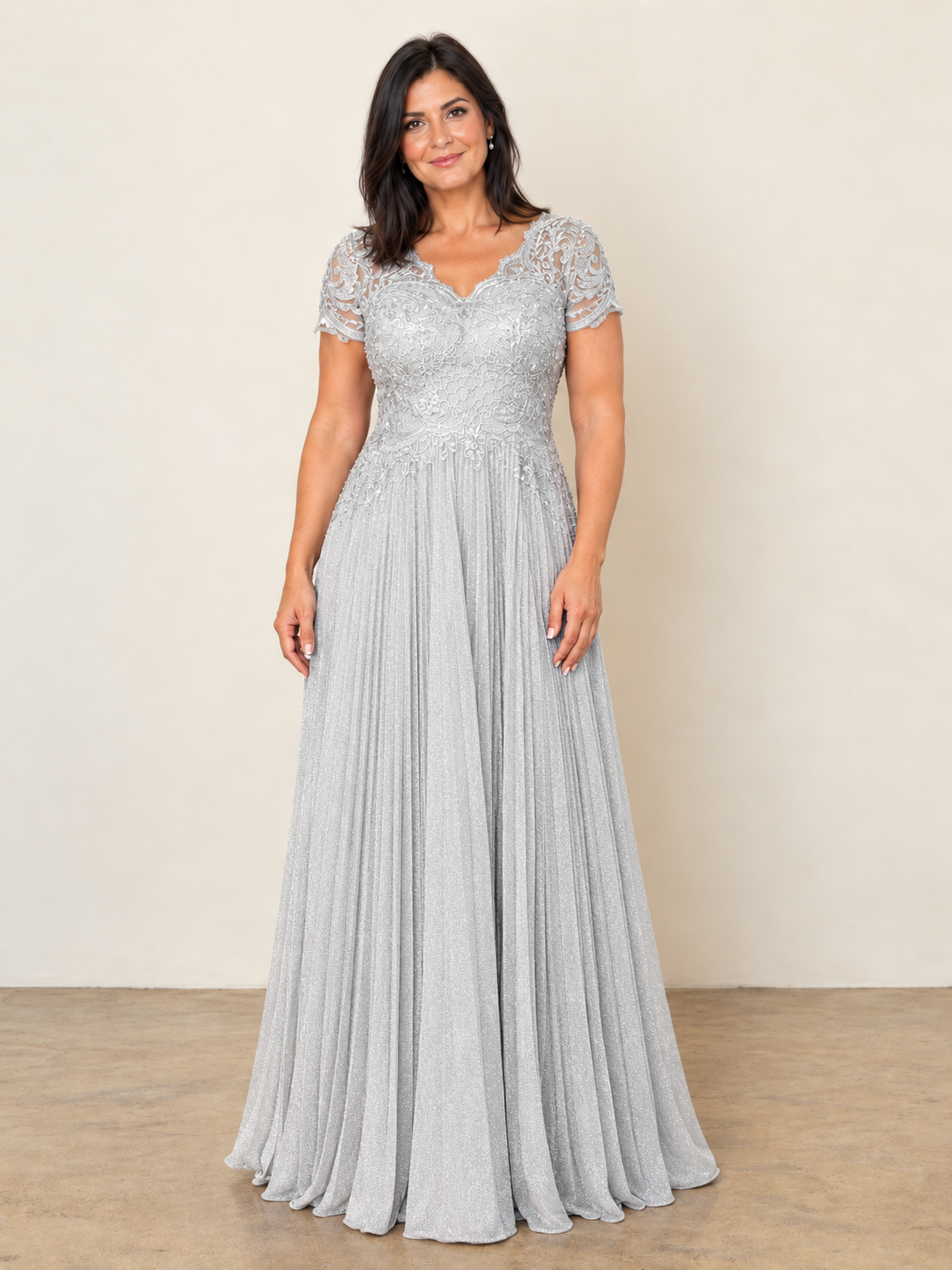 MOB METALLIC EMBROIDERED GOWN WITH PLEATED SKIRT SILVER