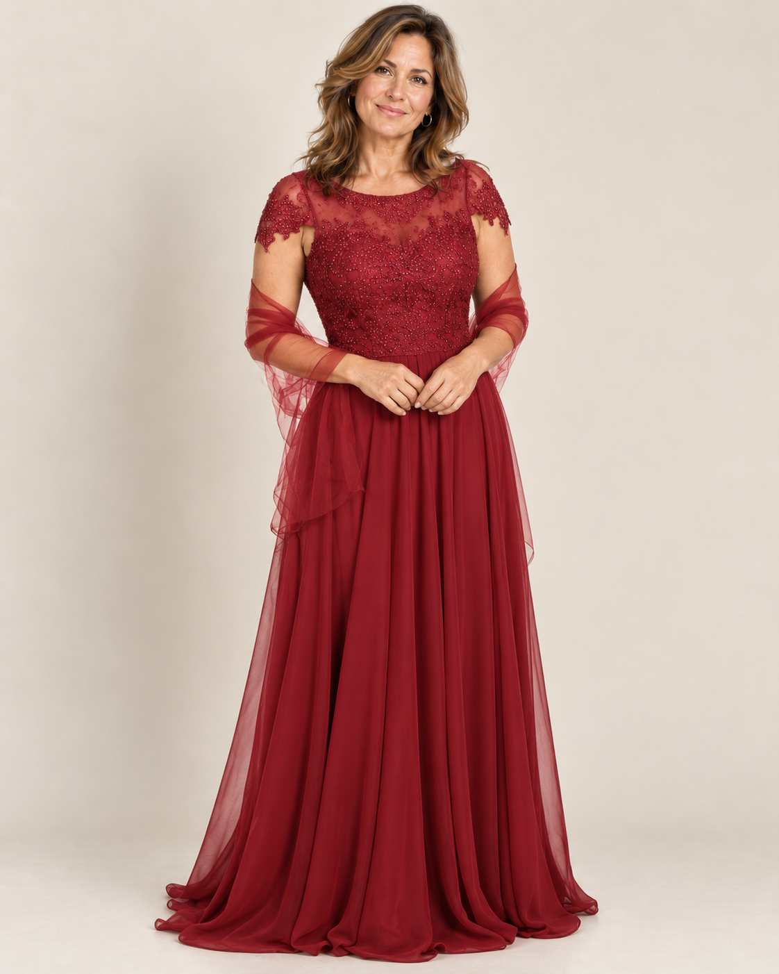 Mob Short Sleeve Belted Chiffon Gown - Burgundy Burgundy