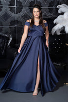 Off-Shoulder Crosswrap Satin Gown Navy blue