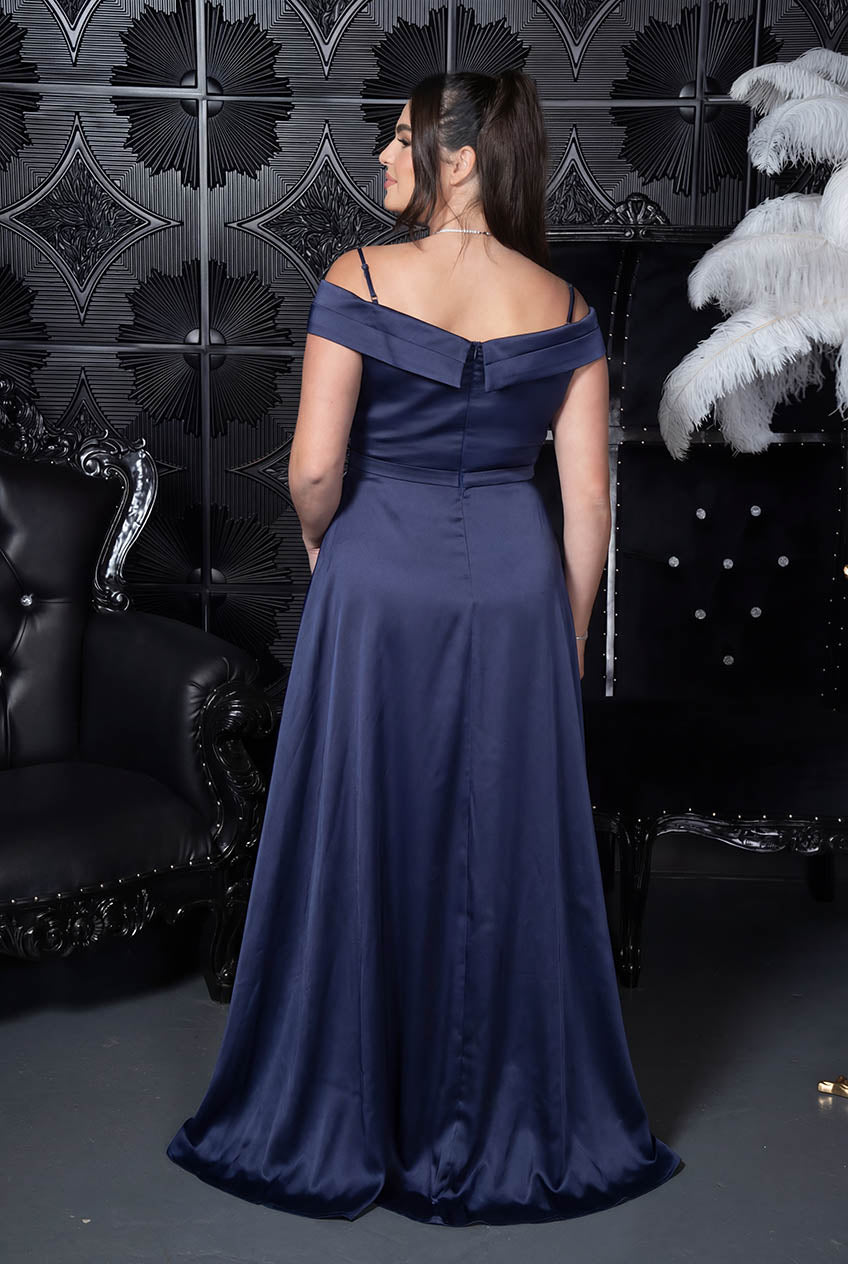 Off-Shoulder Crosswrap Satin Gown Navy blue