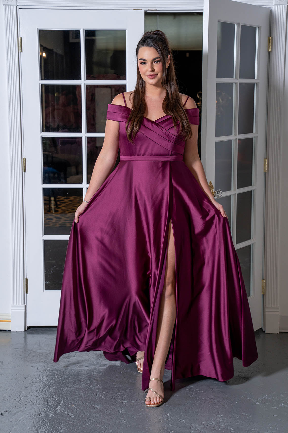 Off-Shoulder Crosswrap Satin Gown Plum