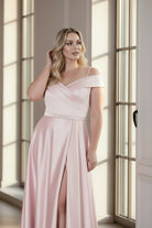 Off-Shoulder Crosswrap Satin Gown Pink