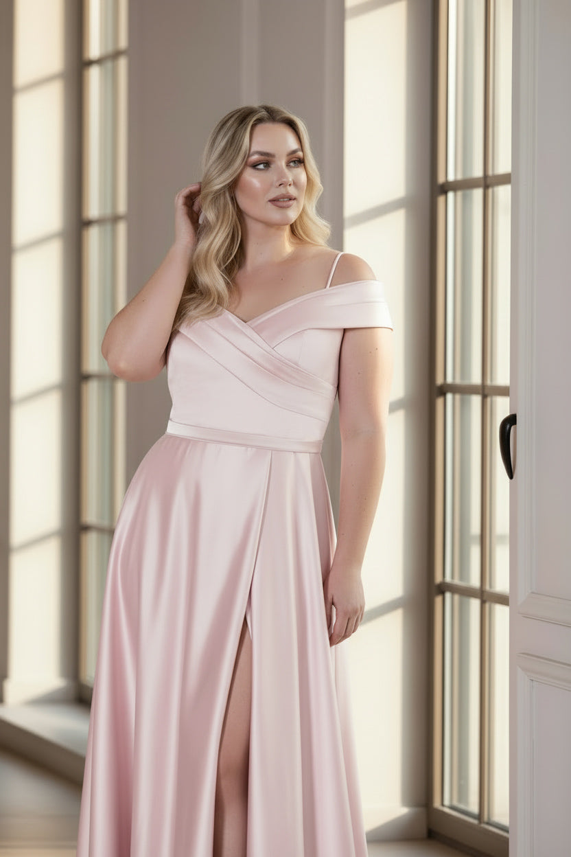 Off-Shoulder Crosswrap Satin Gown Pink