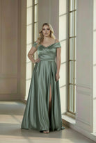 Off Shoulder Crosswrap Satin Gown Eucaliptus