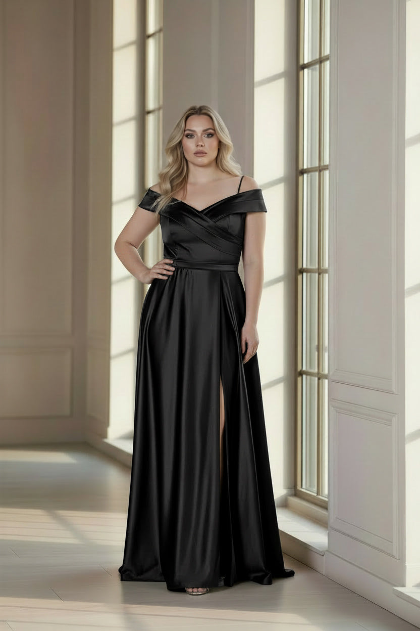 Off-Shoulder Crosswrap Satin Gown Black