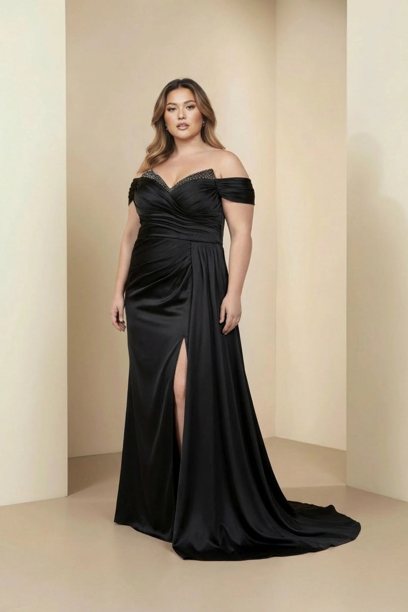 Off-Shoulder Draped Satin Slit Gown Black