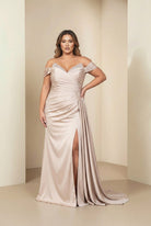 Off-Shoulder Draped Satin Slit Gown Mocha
