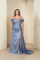 Off-Shoulder Draped Satin Slit Gown Dusty blue