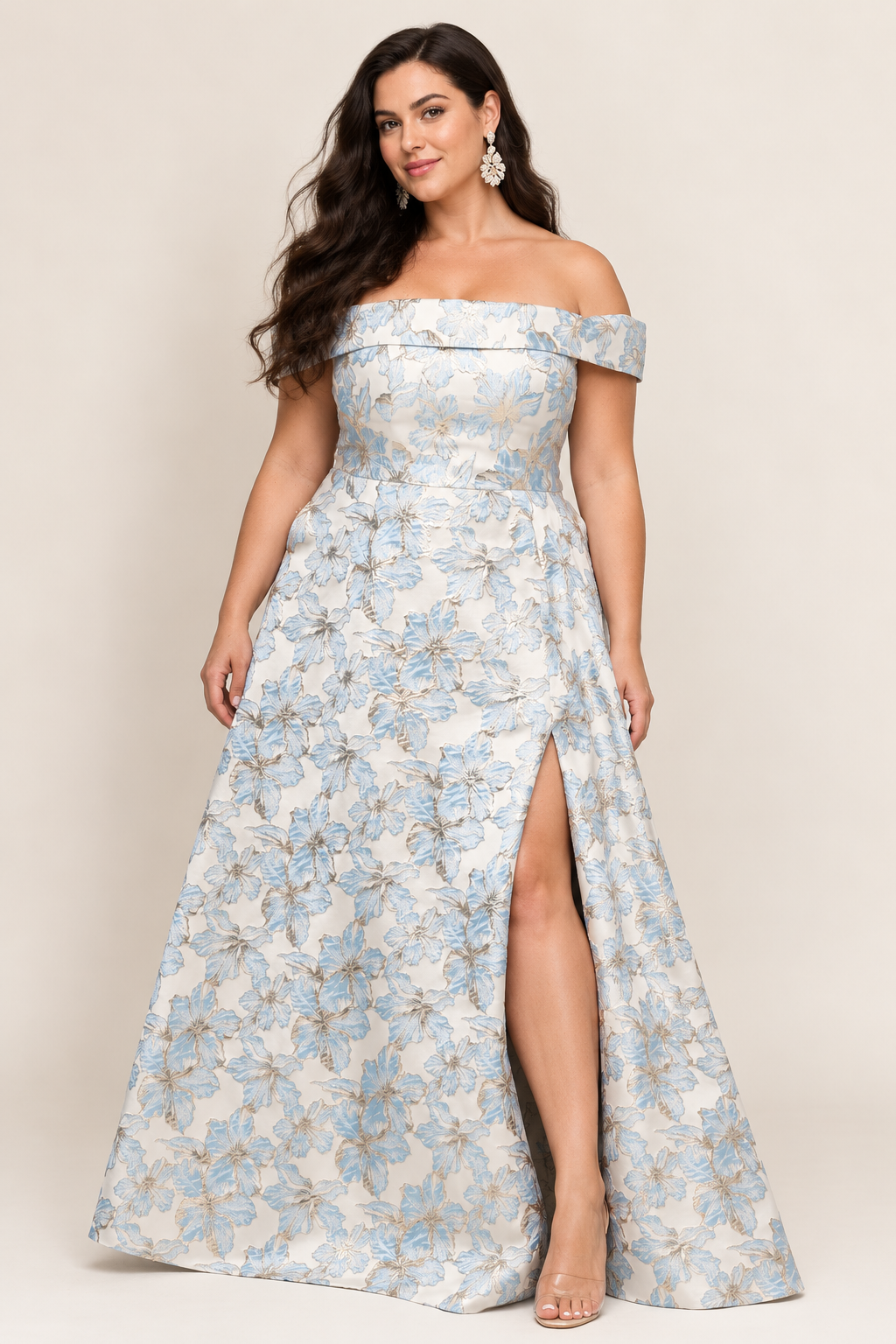 Off-Shoulder Floral Brocade Formal Gown light blue