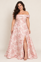Off-Shoulder Floral Brocade Formal Gown pink