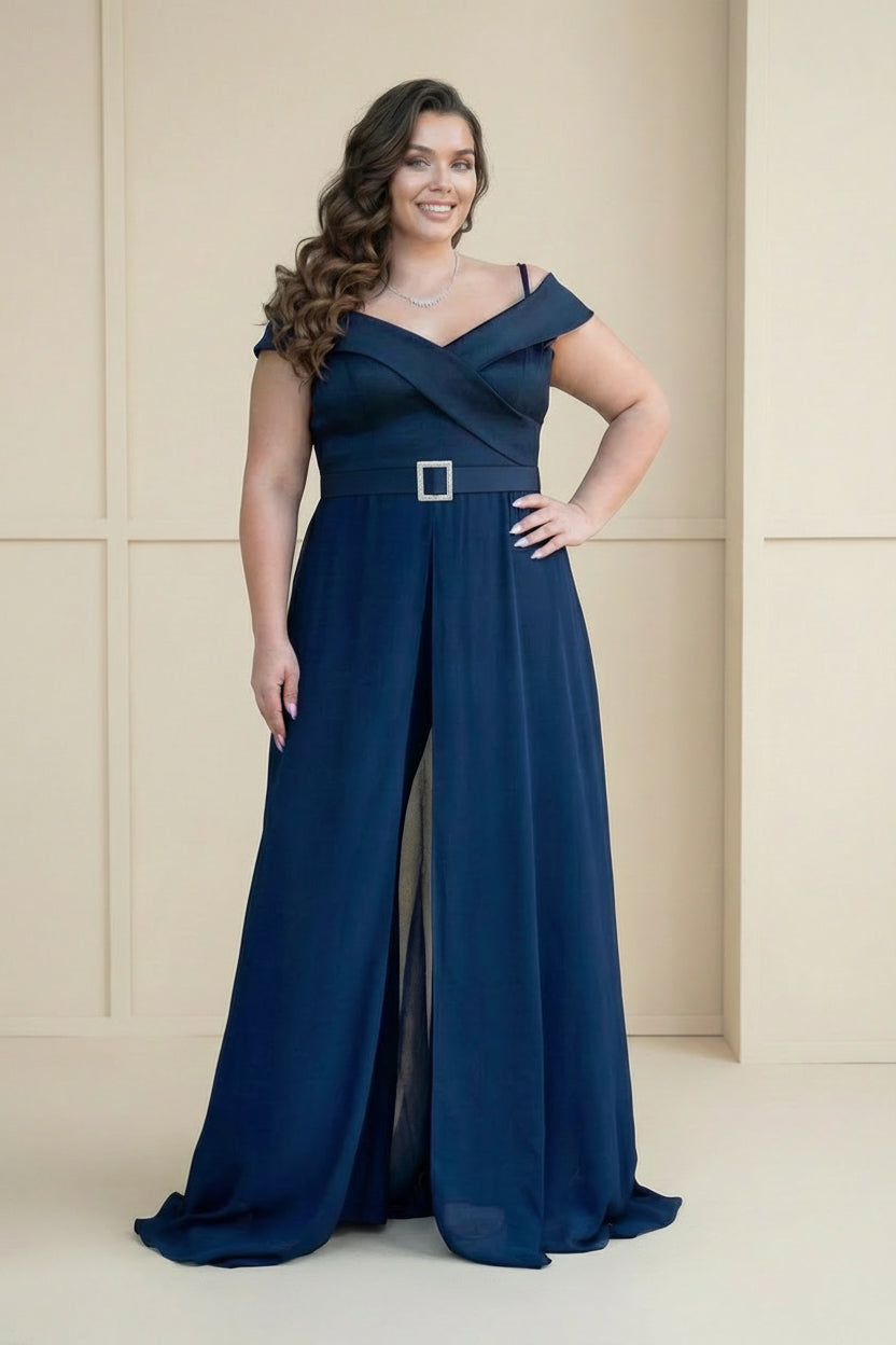 Off-Shoulder Metallic Bodice Jumpsuit Navy blue