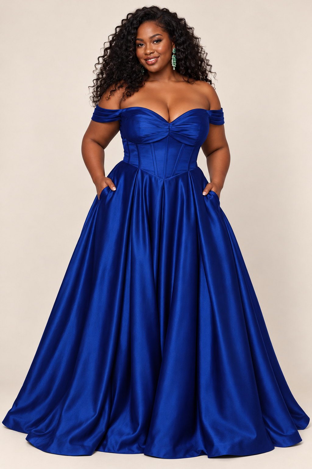 Off-Shoulder Satin Ball Gown royal blue